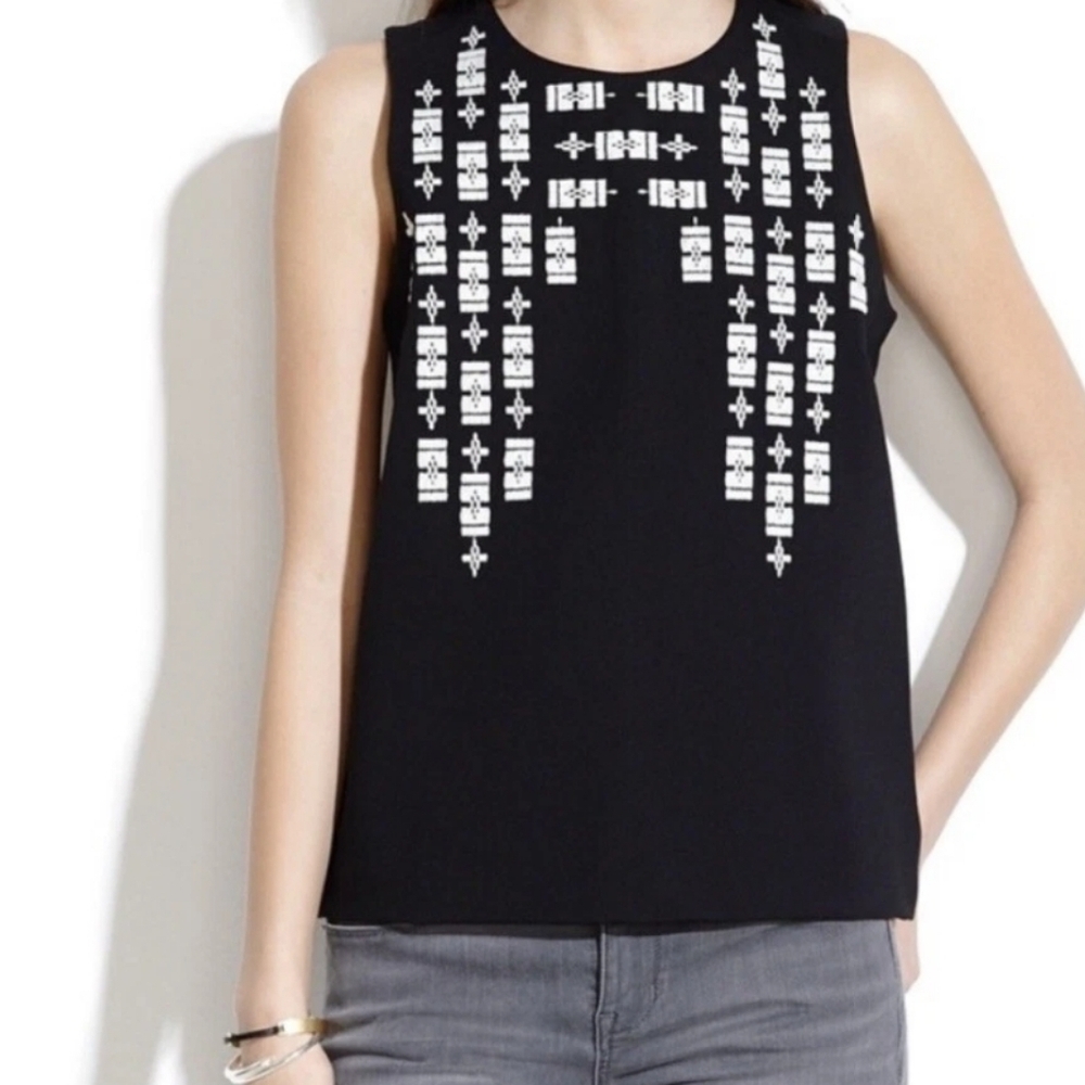 Madewell Embellished Black With Cream Embroidery Sleeveless Top Size Small